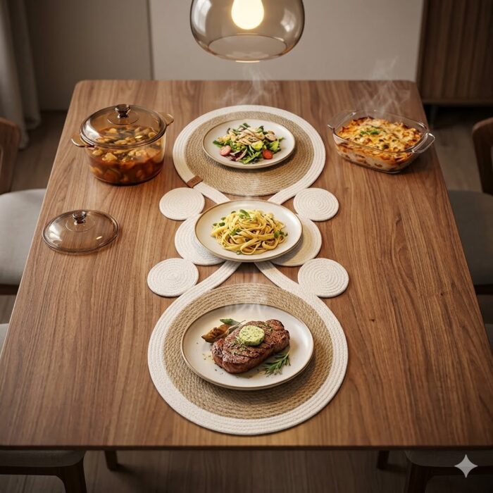 Table Runner, Elegant Geometric, Heat Resistant Dining Decor, Cottonand jute, white&Beige - Image 2
