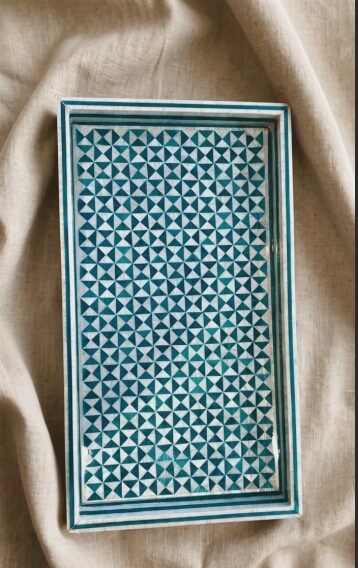 Handcrafted Rectangular Serving Tray with Inlaid Shells, 45x25Cm, Green