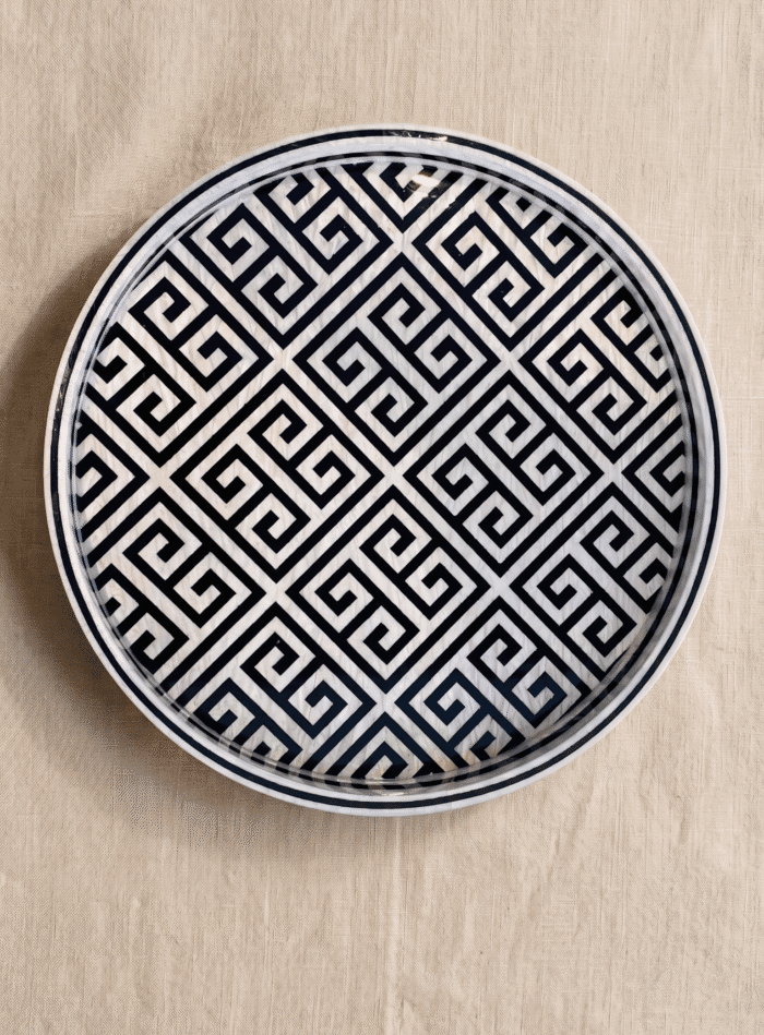 Handcrafted Round Serving Tray with Greek Key Pattern, 45Cm, Black & White - Image 3