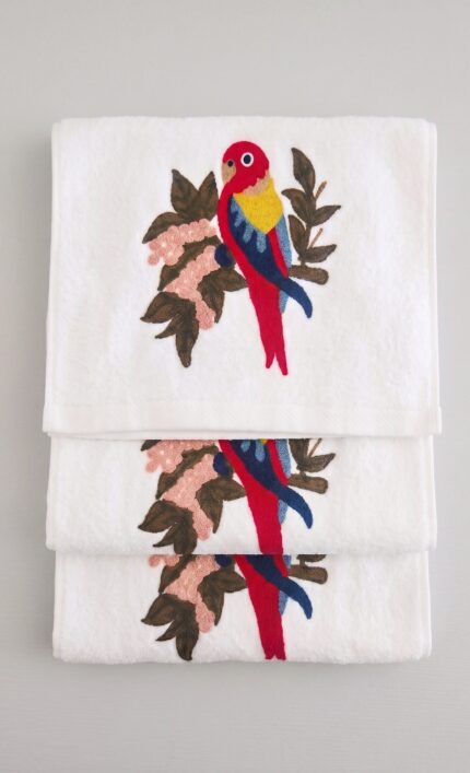 Hand Towel Set, Embroidered Nature, Everyday Use, 100% Cotton, White with Bird Pattern