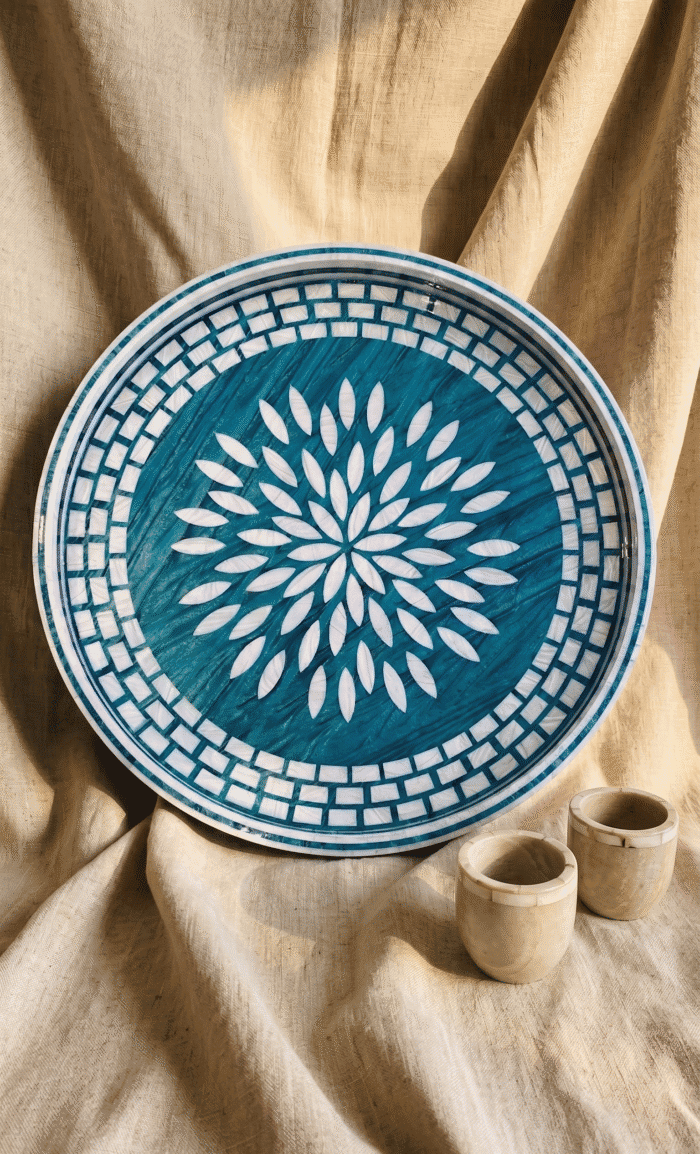 Handcrafted Round Serving Tray with Geometric Mosaic Pattern, 45Cm, Teal - Image 2