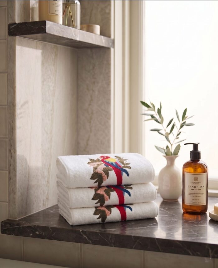 Hand Towel Set, Embroidered Nature, Everyday Use, 100% Cotton, White with Bird Pattern - Image 2