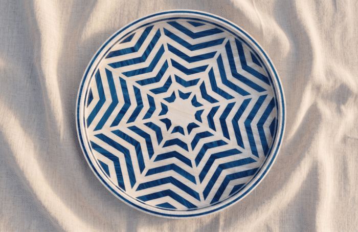 Handcrafted Round Serving Tray with Star Web Pattern, 45Cm, Blue & White - Image 1