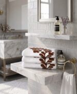 Hand Towel Set, Embroidered Geometric Wave, Everyday Use, 100% Cotton, White with Wave Pattern - Image 2