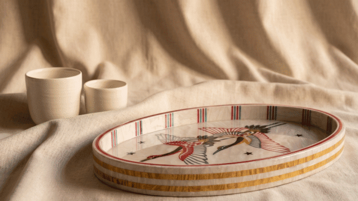 Handcrafted Oval Serving Tray with Mythical Bird Motifs, 55x35Cm, Multicolor - Image 2