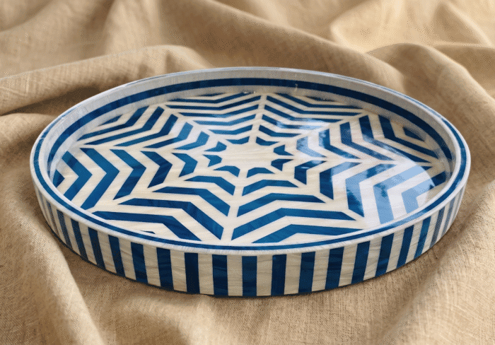 Handcrafted Round Serving Tray with Star Web Pattern, 45Cm, Blue & White - Image 2