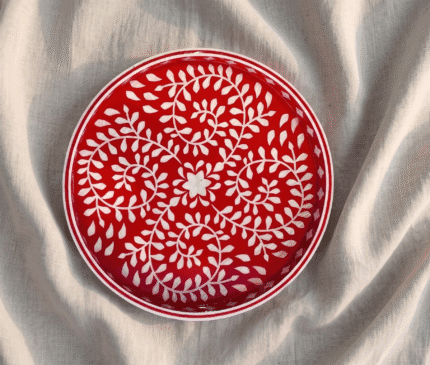 Handcrafted Round Serving Tray with Classic Geometric Pattern, 45Cm, Red