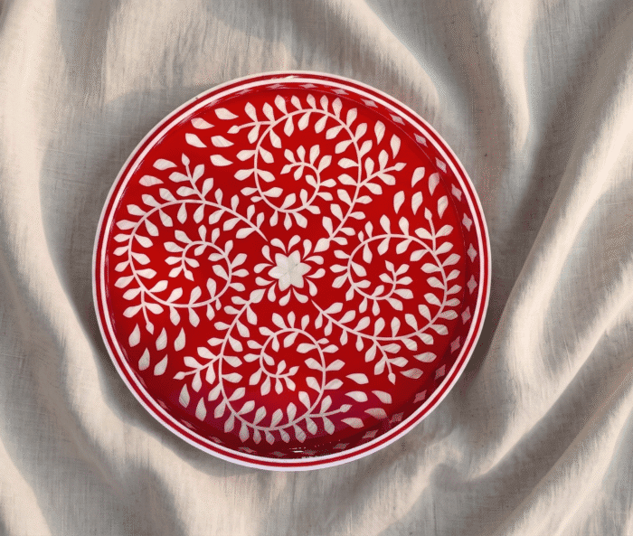 Handcrafted Round Serving Tray with Classic Geometric Pattern, 45Cm, Red - Image 1