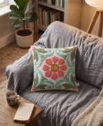 Handmade Cushion For Home Decor, Fabric Boho Floral Pattern - 45x45 cm - Image 2
