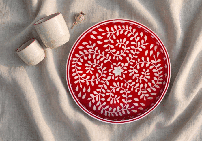 Handcrafted Round Serving Tray with Classic Geometric Pattern, 45Cm, Red - Image 2