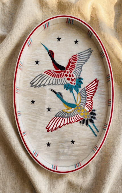 Handcrafted Oval Serving Tray with Mythical Bird Motifs, 55x35Cm, Multicolor