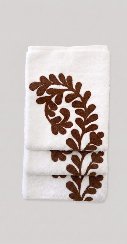 Hand Towel Set, Embroidered Geometric Wave, Everyday Use, 100% Cotton, White with Wave Pattern