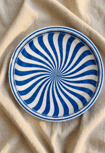 Handcrafted Round Serving Tray with Swirl Pattern, 35Cm, Blue & White