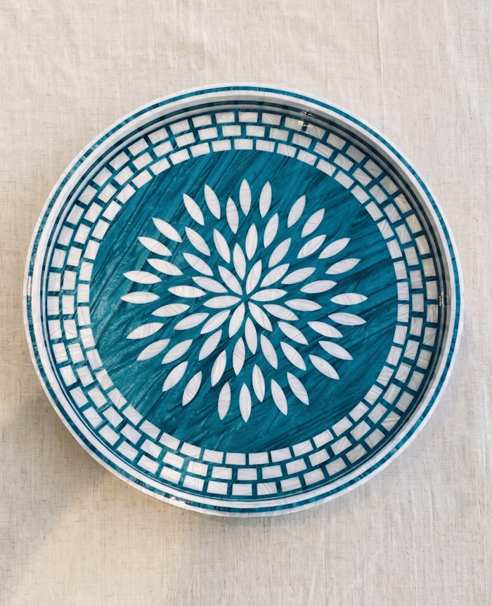 Handcrafted Round Serving Tray with Geometric Mosaic Pattern, 45Cm, Teal - Image 1