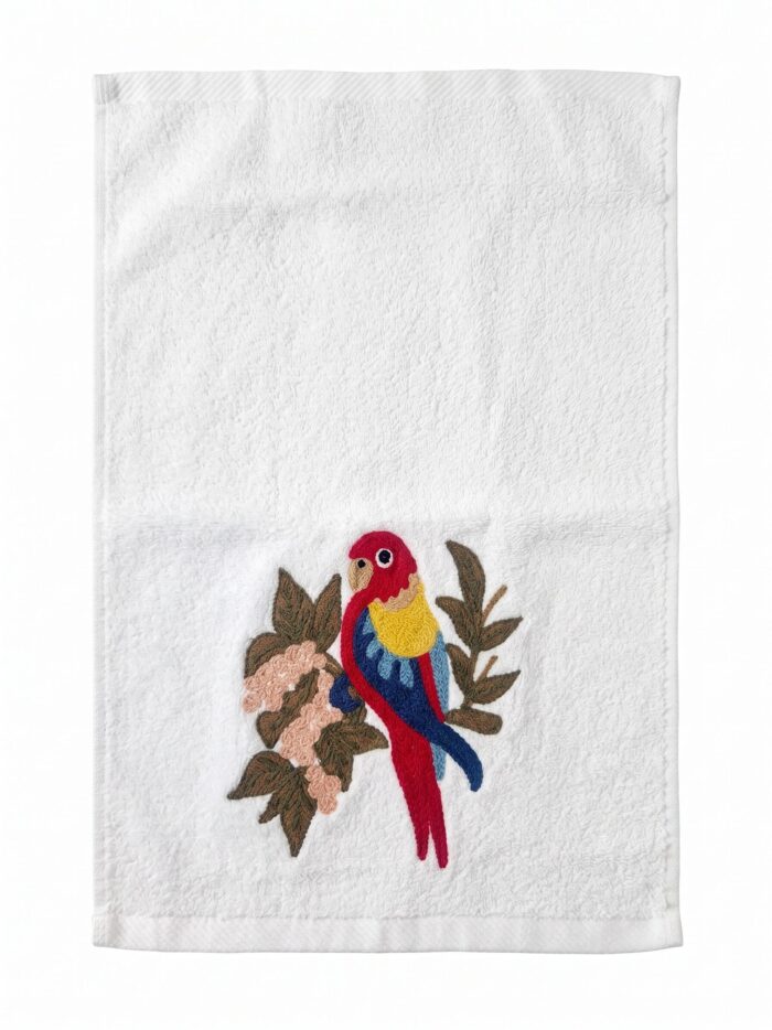 Hand Towel Set, Embroidered Nature, Everyday Use, 100% Cotton, White with Bird Pattern - Image 3