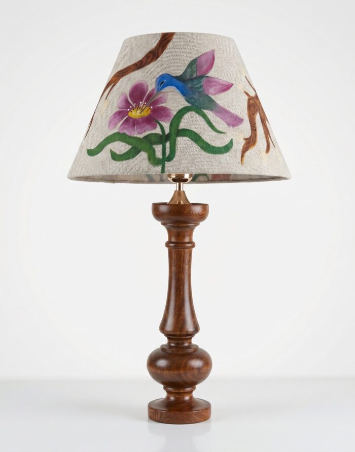 Table Lamp, Rustic Folk Art, Bedside & Living Room, Wood, Natural Brown - Image 1