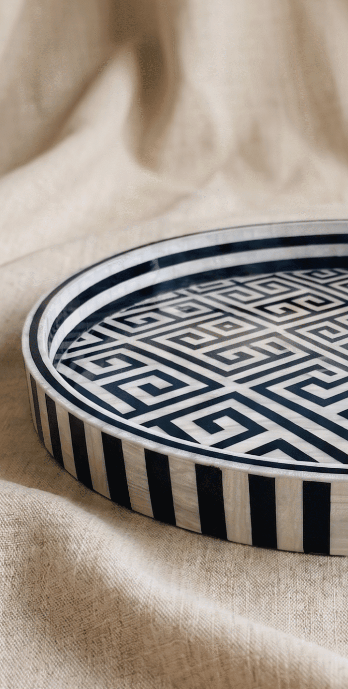 Handcrafted Round Serving Tray with Greek Key Pattern, 45Cm, Black & White - Image 4