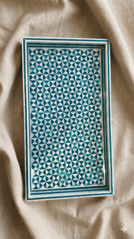 Handcrafted Rectangular Serving Tray with Inlaid Shells, 45x25Cm, Green