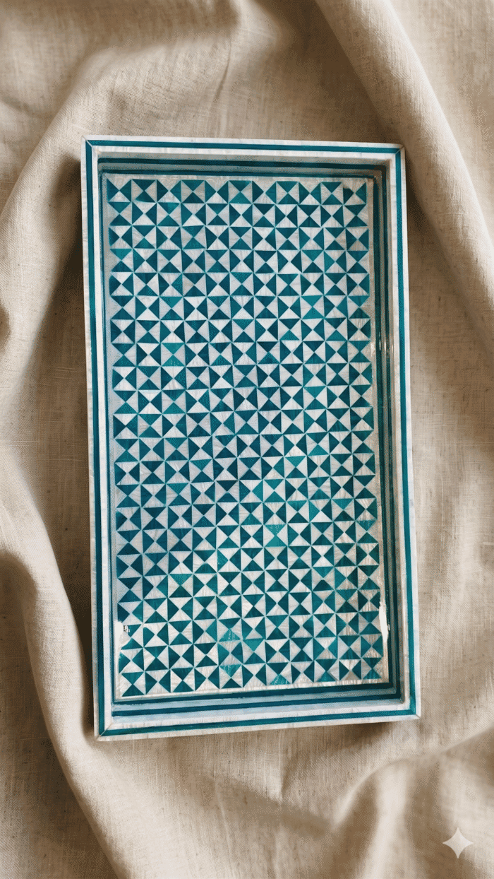 Handcrafted Rectangular Serving Tray with Inlaid Shells, 45x25Cm, Green - Image 1