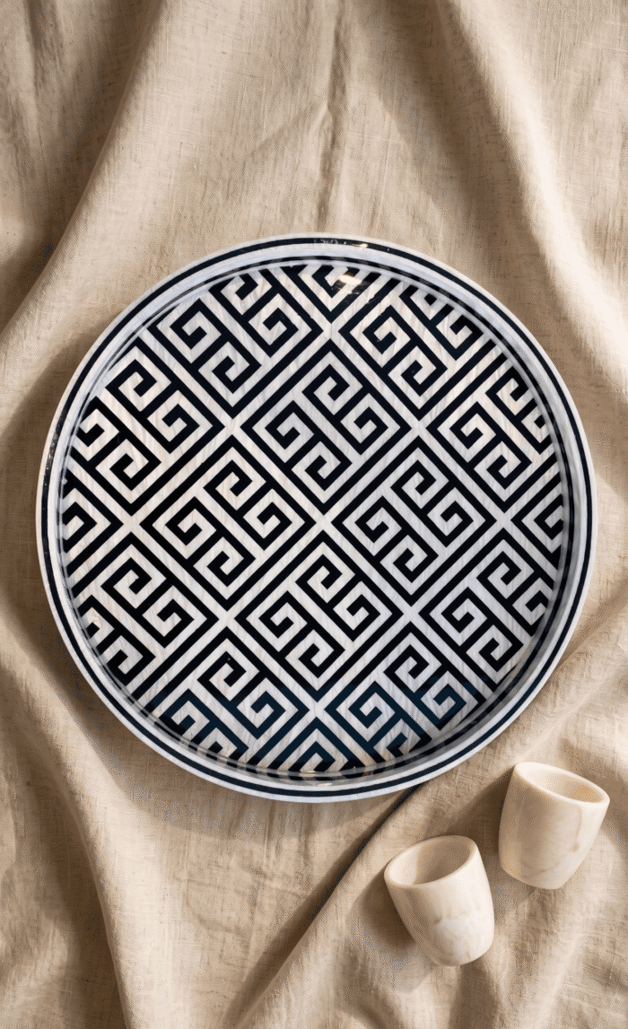 Handcrafted Round Serving Tray with Greek Key Pattern, 45Cm, Black & White - Image 1