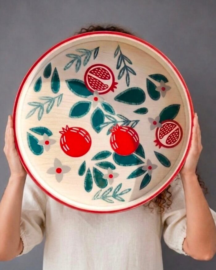Hand-Made Round Wooden Pomegranate Serving Tray, 45 cm - Image 1