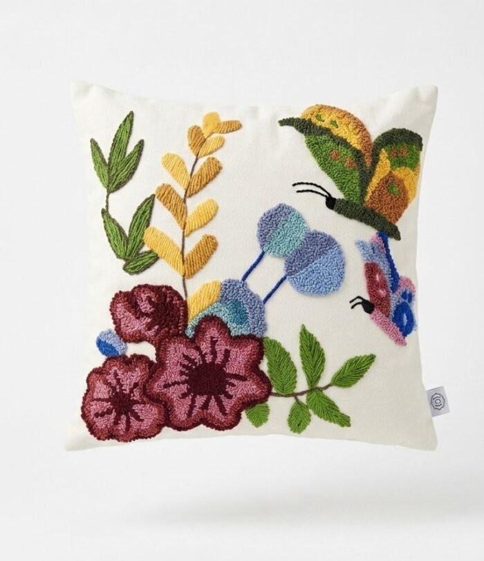 Embroidered Botanical Garden Luxury Accent Cushion, Butterflies & Floral Motif - 45x45 cm - Image 1