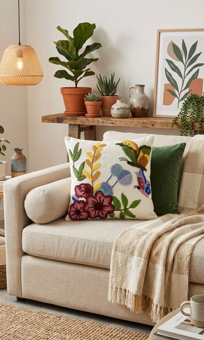 Embroidered Botanical Garden Luxury Accent Cushion, Butterflies & Floral Motif - 45x45 cm - Image 3
