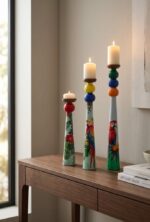 Artificial Candle Holders For Home and Office Decor, Wood, Multi Color - Set of 3 - Image 2