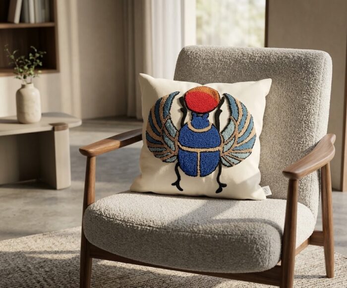 Pharaoh Scarab Embroidered Luxury Accent Cushion, Premium Fabric - 45x45 cm - Image 2