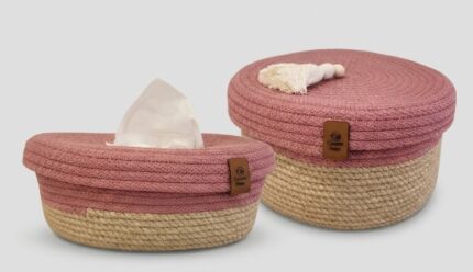 Storage Basket & Tissue Box Cover Set For Home Organizing & Styling, Handcrafted Jute, Beige & Pink