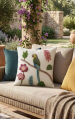 Hand-Embroidered Parrot Cushion – Botanical Garden Design