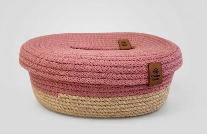 Storage Basket & Tissue Box Cover Set For Home Organizing & Styling, Handcrafted Jute, Beige & Pink - Image 3