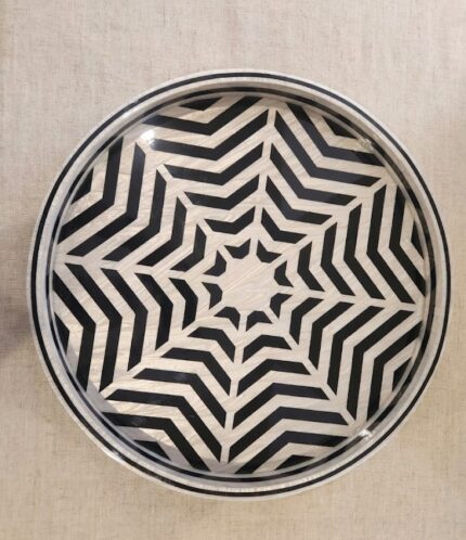 Modern Geometric Round Wooden Serving Tray with Inlaid Mother of Pearl, 45 cm