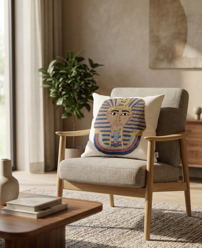 Tutankhamun Pharaoh Embroidered Luxury Accent Cushion, Premium Fabric - 45x45 cm - Image 2