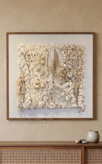 Organic Fiber & Seashell Relief Wall Art – Handmade Textured Frame
