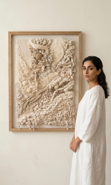 Handcrafted Neutral Textured Wall Art – Organic Fiber & Shell Mixed Media Frame