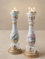 Artificial Candle Holder For Home and Office Decor, Wood - Blue Accent Bird - 25 cm