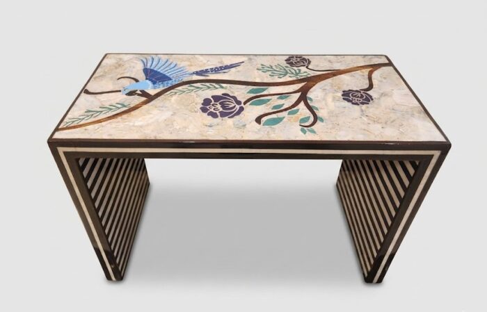 Luxury Handcrafted Mother of Pearl Inlaid Wooden Side Table – Multi Color - Image 4