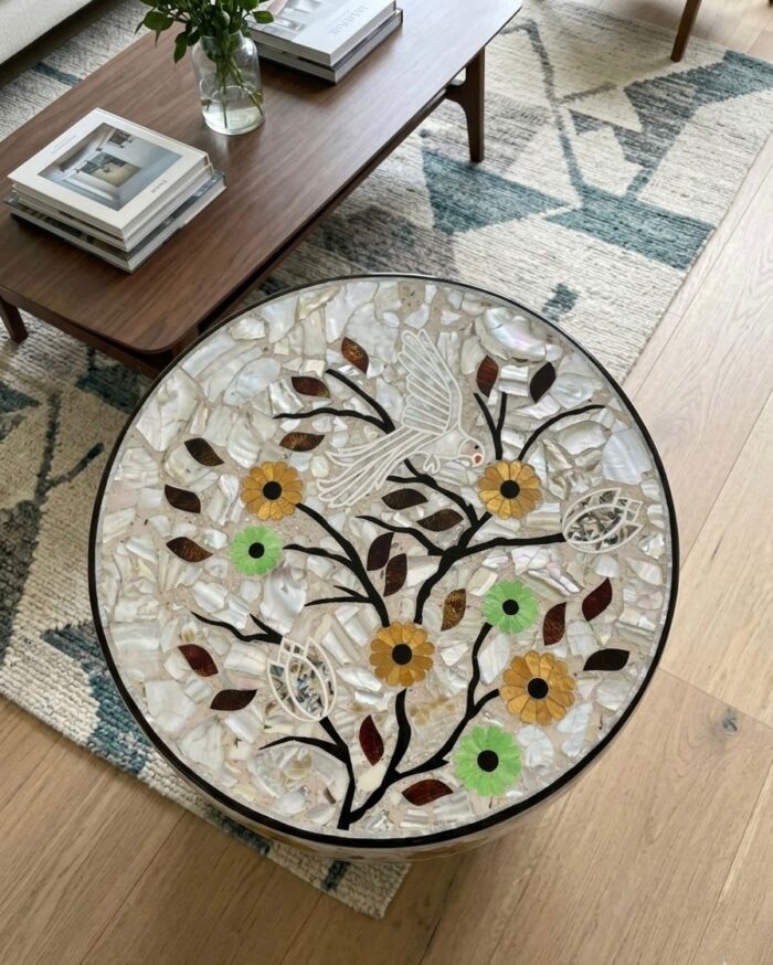 Side Table & Stool, Dual-Purpose Styling For Living Room & Bedroom, Wood & Pearl, Multi Color - Image 4