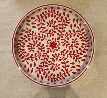 Intricate Red Floral Vines Round Wooden Serving Tray, 45 cm