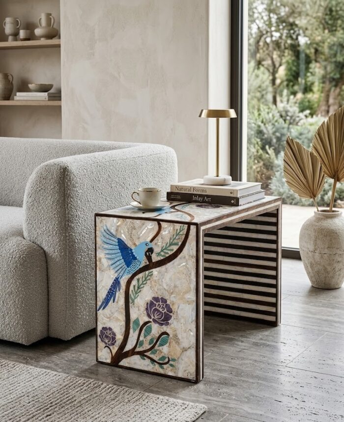 Luxury Handcrafted Mother of Pearl Inlaid Wooden Side Table – Multi Color - Image 5