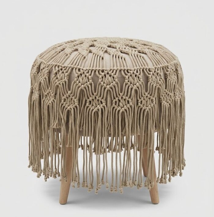 Artisan Handmade Macramé Pouf – Bohemian Cotton Ottoman with Detailed Knotwork and Fringe Edges - Image 4