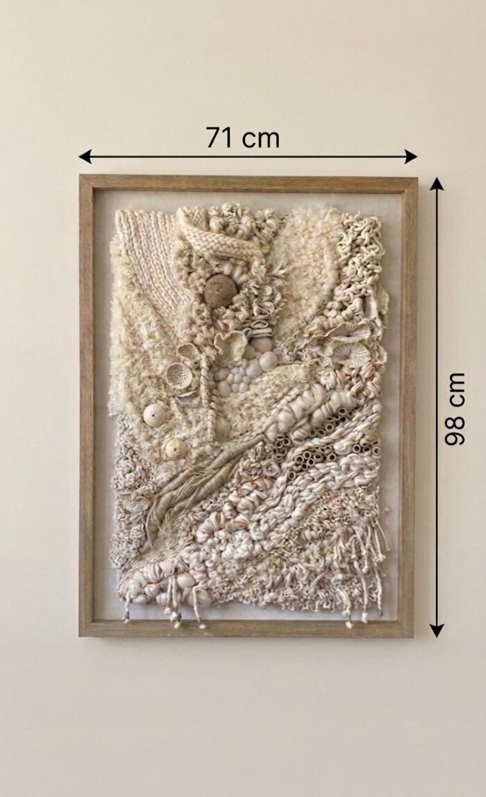Handcrafted Neutral Textured Wall Art – Organic Fiber & Shell Mixed Media Frame - Image 4