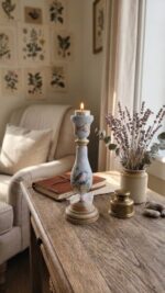Artificial Candle Holder For Home and Office Decor, Wood - Blue Accent Bird - 25 cm - Image 6