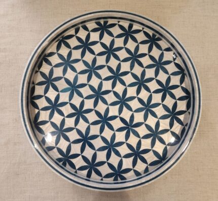 Geometric Floral Teal and White Wooden Serving Tray, 45 cm