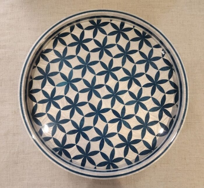 Geometric Floral Teal and White Wooden Serving Tray, 45 cm - Image 1