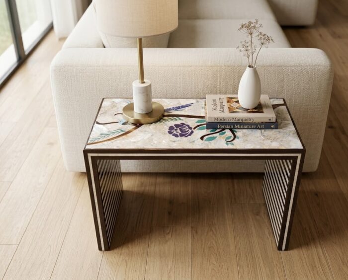 Luxury Handcrafted Mother of Pearl Inlaid Wooden Side Table – Multi Color - Image 6