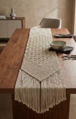 Handwoven Macramé Cotton Table Runner with Fringed Ends – Bohemian Farmhouse Dining Décor in Natural Cream - Image 4
