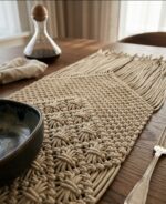 Handwoven Macramé Cotton Table Runner with Fringed Ends – Bohemian Farmhouse Dining Décor in Natural Cream - Image 3