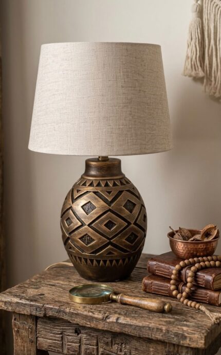 Table Lamp, Bronz Antique Folk Art, Bedside & Living Room, Poetry, Distressed Bronze & White